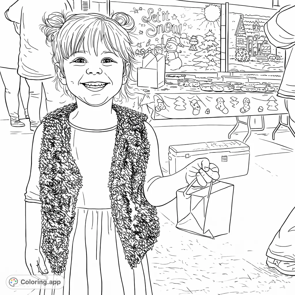 A joyous child with a big smile, festive hair buns, and a fuzzy vest holds a small treat. Surrounded by cheerful party decorations.