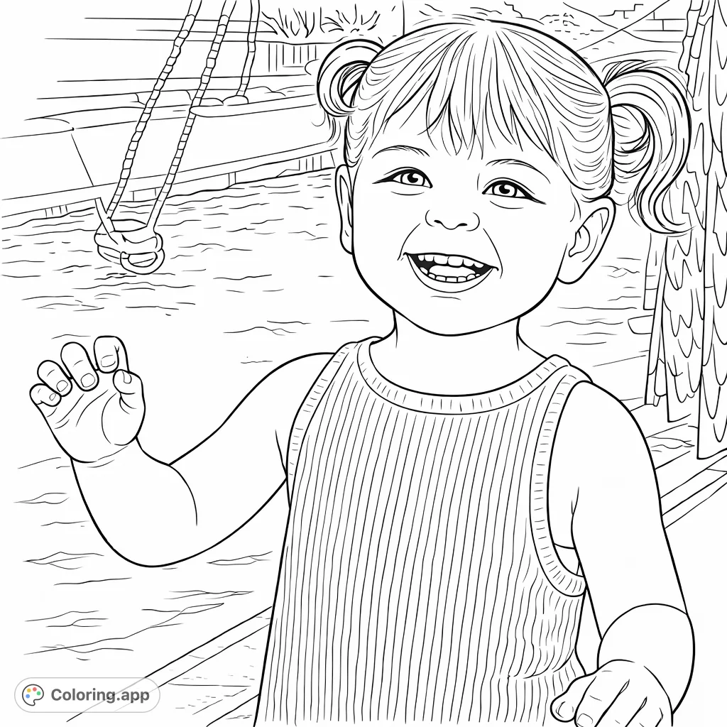A cheerful child with cute pigtails smiles brightly, ready for a fun day by the water. This free printable child portrait coloring page captures pure joy.