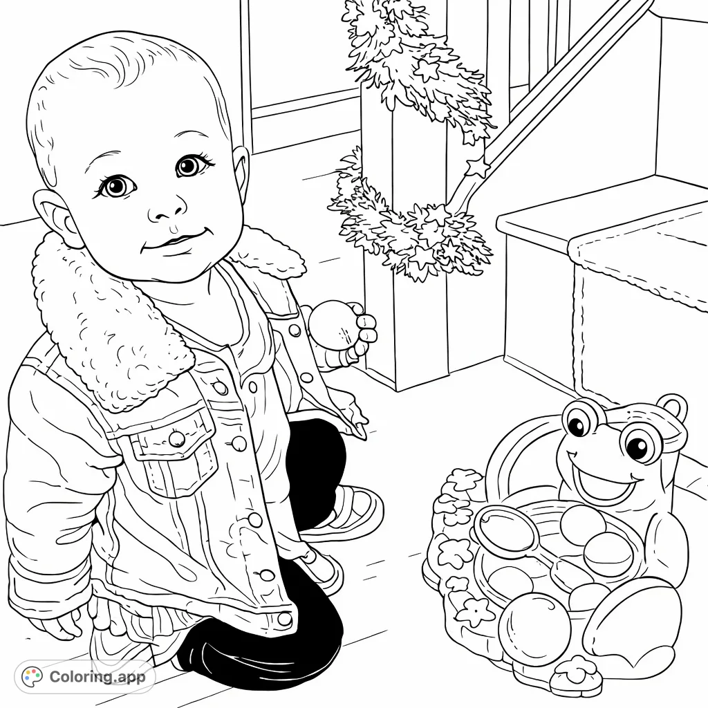 A charming child kneels by a fun frog toy, captured in a heartwarming scene. Perfect for inspiring imagination and creative expression in young colorists.