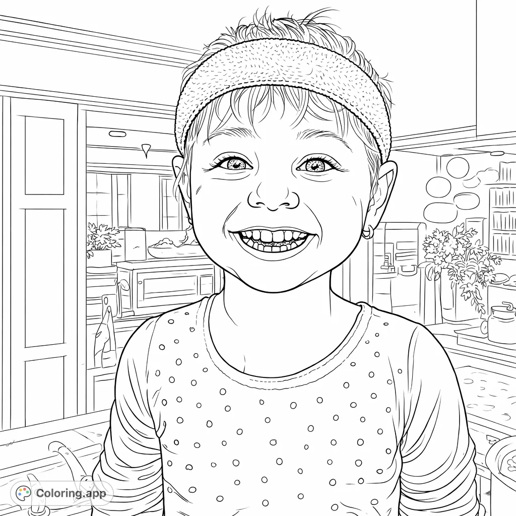 Capture the joyful smile of a child wearing a headband, tiara, and a sparkly top in a kitchen setting. A delightful scene for creative expression.