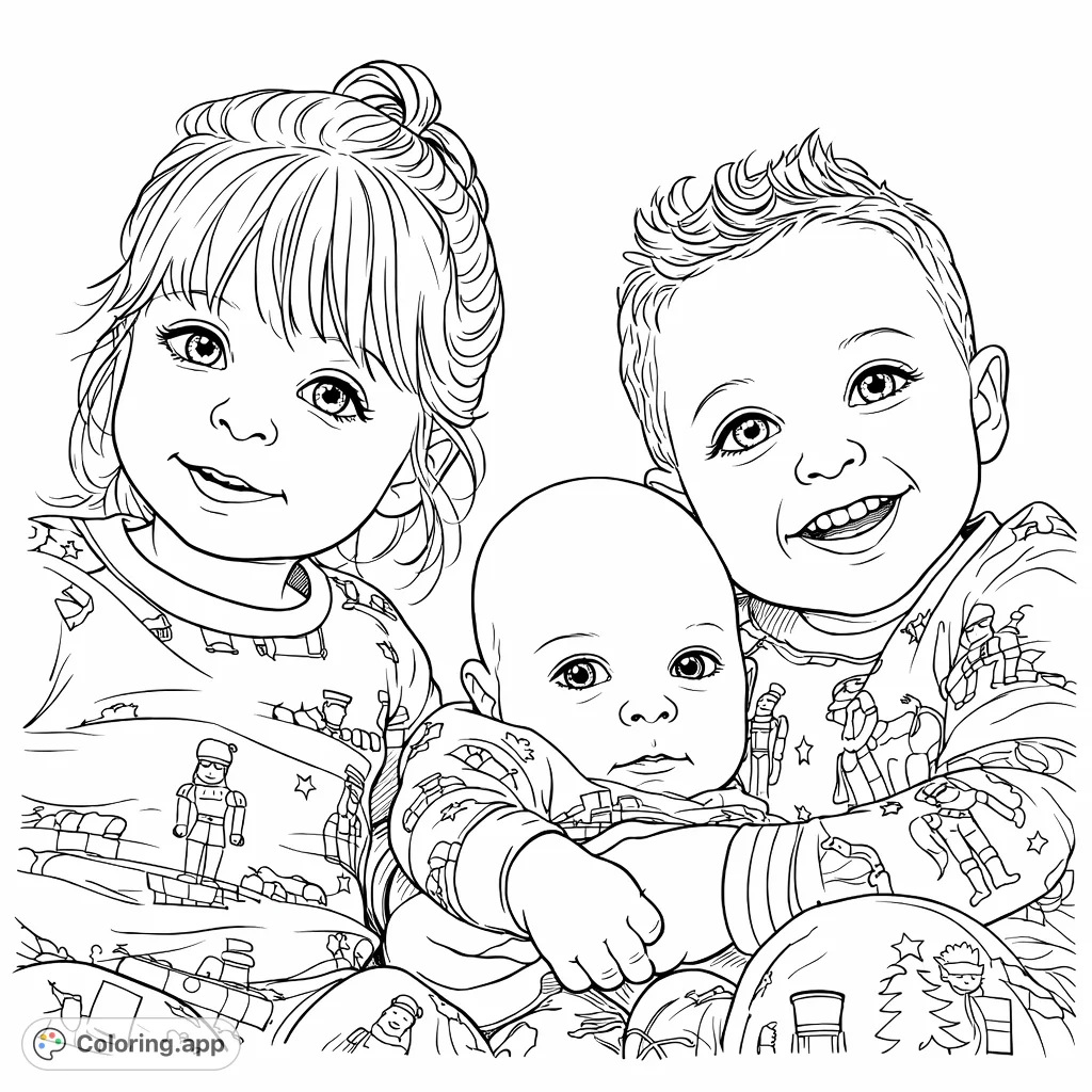 Capture the warmth of family with this adorable holiday siblings coloring page. Featuring three children in festive patterned sleepwear, perfect for family bonding.