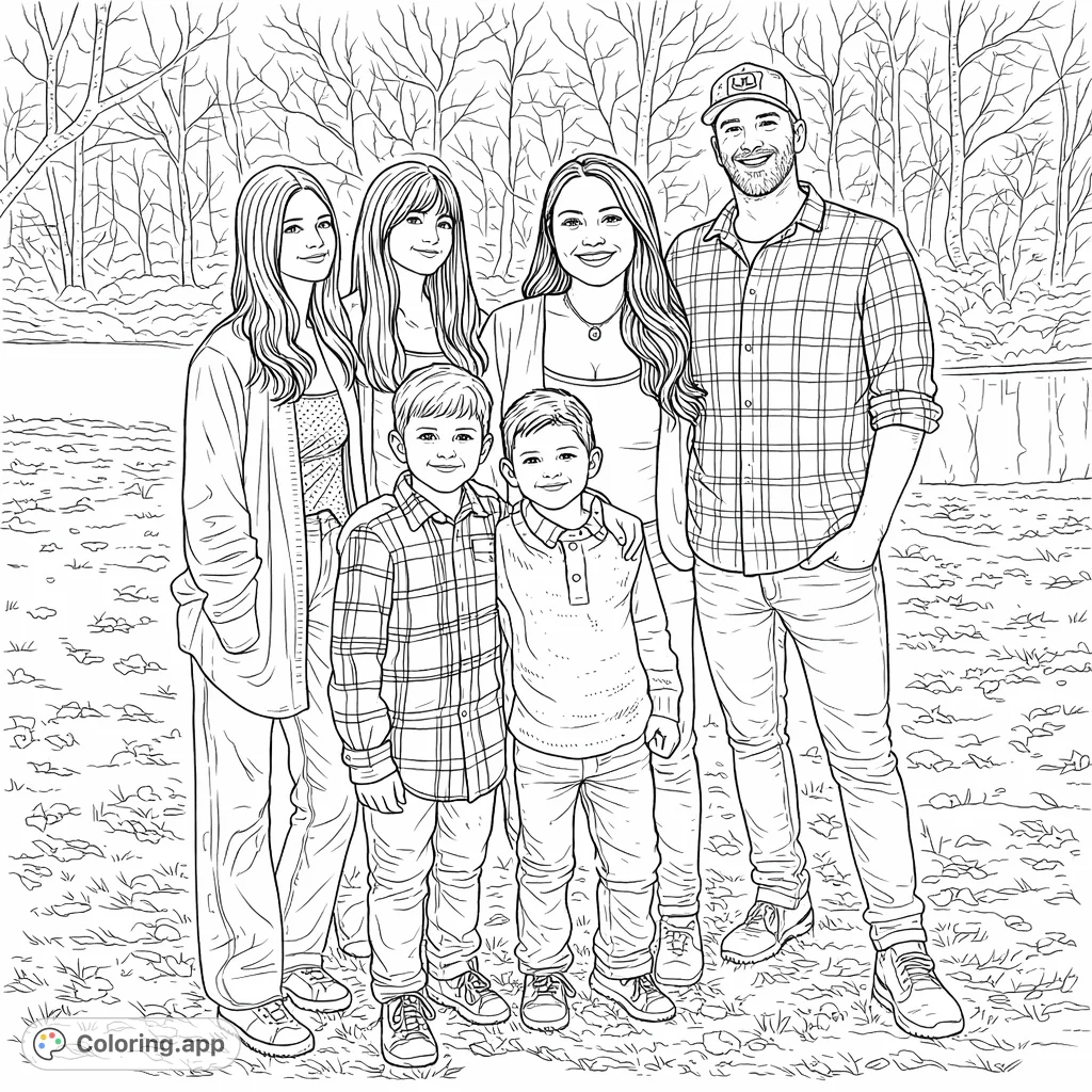 A heartwarming family portrait with two adults and three children posing outdoors. Features patterned clothing and a serene, leafless forest backdrop.