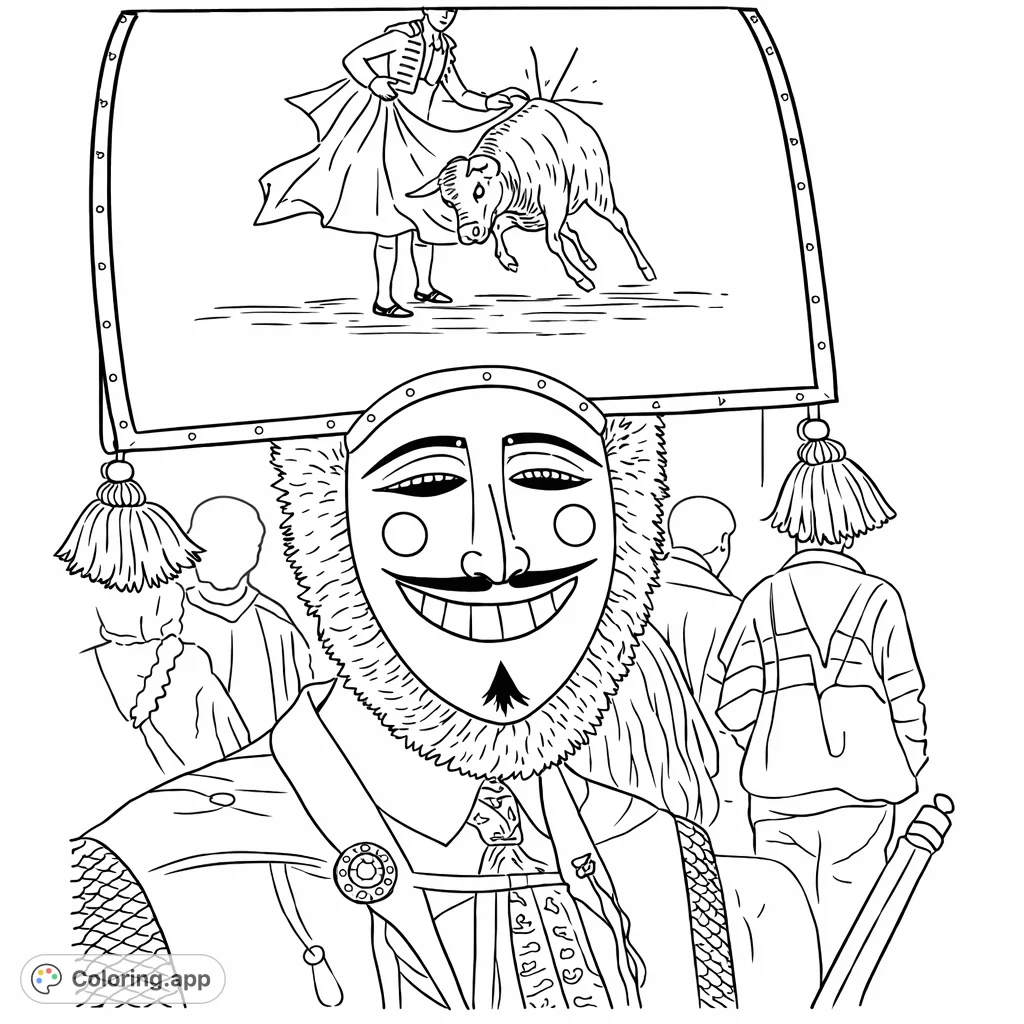 A captivating festive mask and costume with a bullfighting scene on the headpiece, perfect for cultural exploration and detailed coloring.