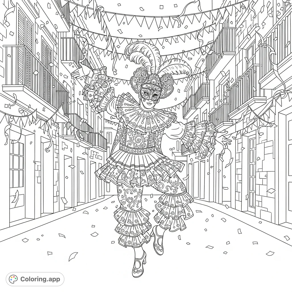 Immerse yourself in a lively Spanish carnival scene! Features a dynamic dancer in an ornate costume amidst confetti and festive street decorations.