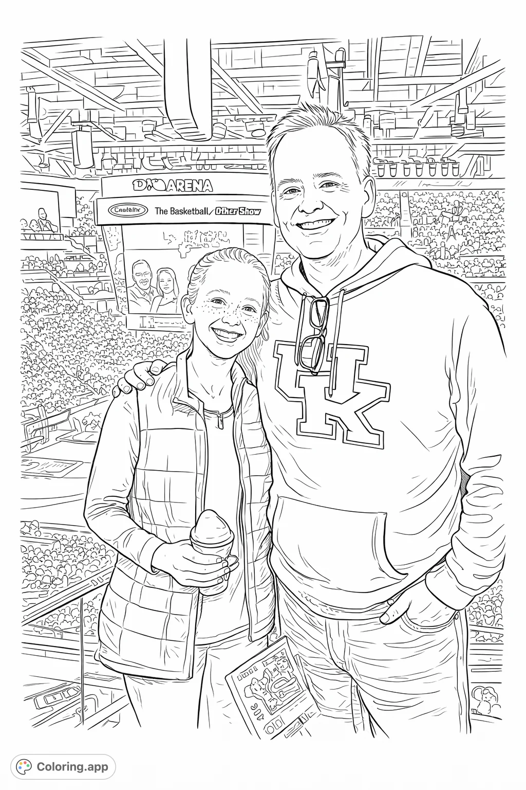 Capture the excitement of a live event with this arena coloring page featuring a smiling duo. Perfect for sports fans and family memories.
