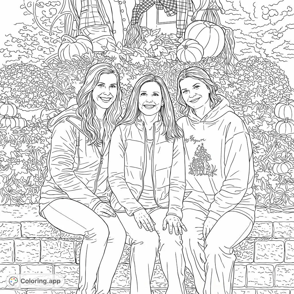 Three smiling individuals sit on a stone wall amidst a festive autumn display with pumpkins, hay, and seasonal foliage. A perfect fall coloring page.