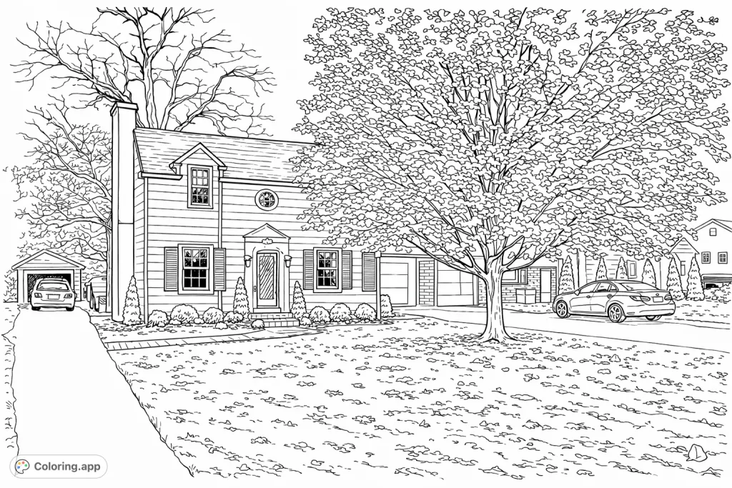 Color a charming two-story house framed by a large, leaf-filled tree, intricate landscaping, and vehicles. A detailed suburban home scene for creative expression.