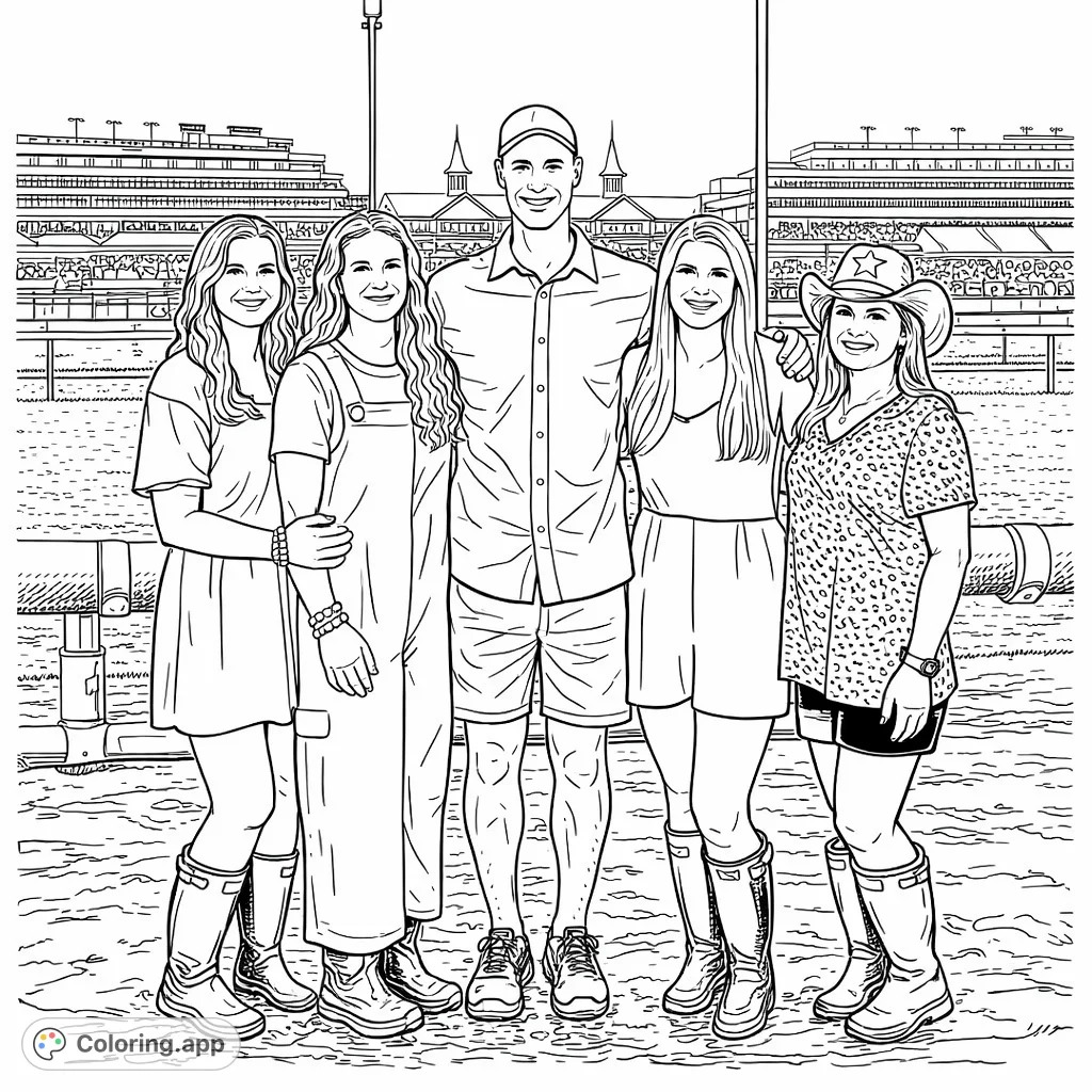 A joyful family stands in front of a racetrack, ready for a day of fun. Featuring detailed clothing, muddy boots, and a grand stadium backdrop.