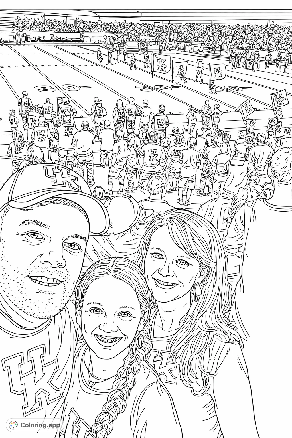 A heartwarming family selfie at a lively sports event, featuring three smiling faces in the foreground and a bustling stadium backdrop. Perfect for personalizing.