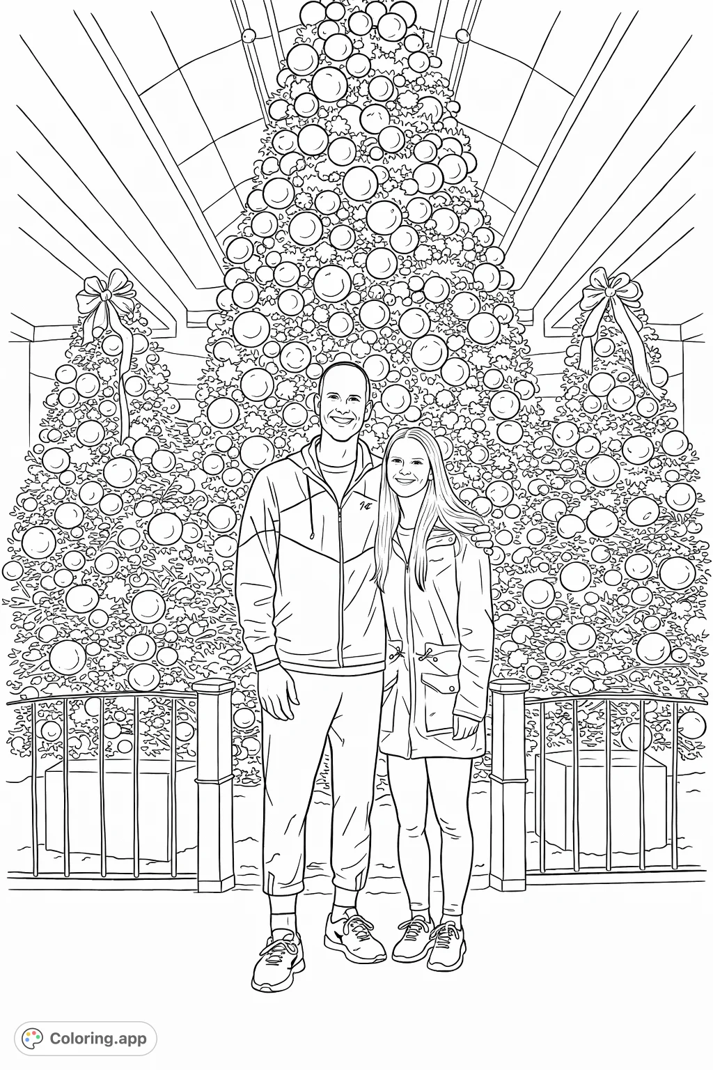 Celebrate the festive season with this delightful holiday tree coloring page, featuring a couple smiling in front of a grand, ornament-laden evergreen.