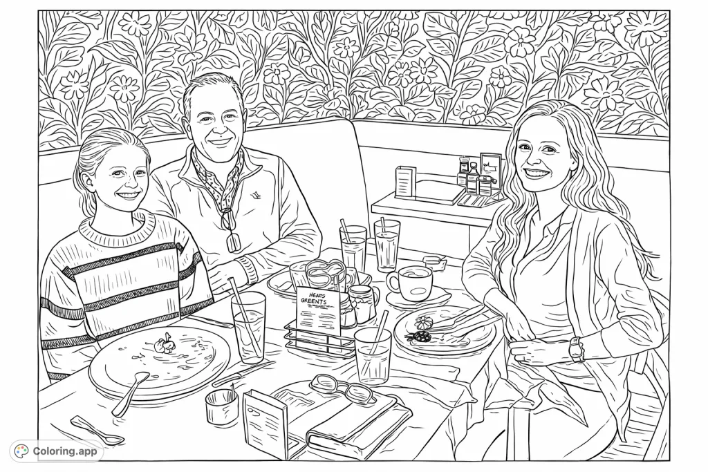 Capture a heartwarming family restaurant scene with three smiling individuals, a table filled with dishes, and a richly patterned background for a delightful coloring experience.