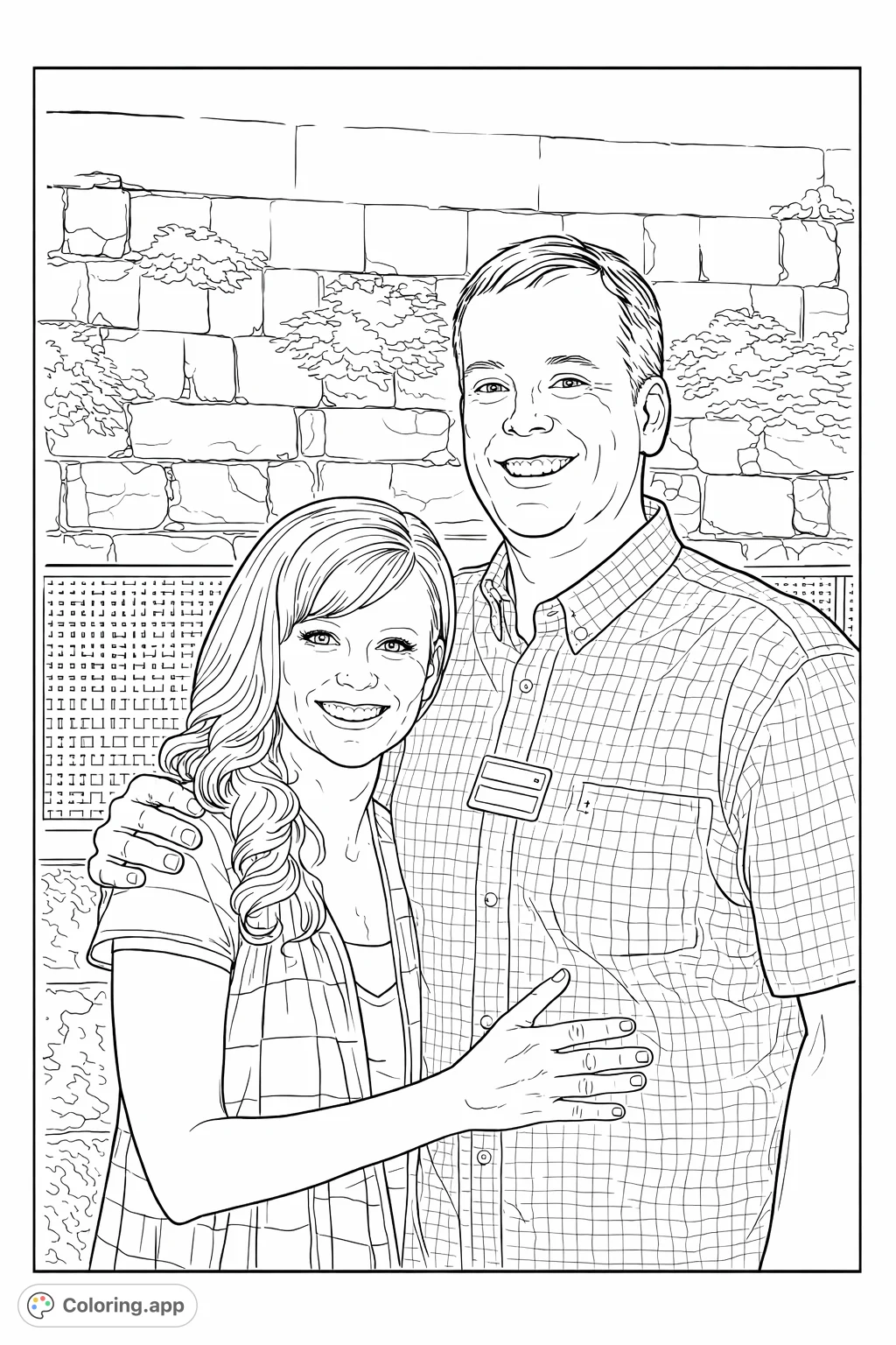 A cheerful couple embracing, standing against a rustic wall, perfect for personalizing with your favorite patterns and shades.