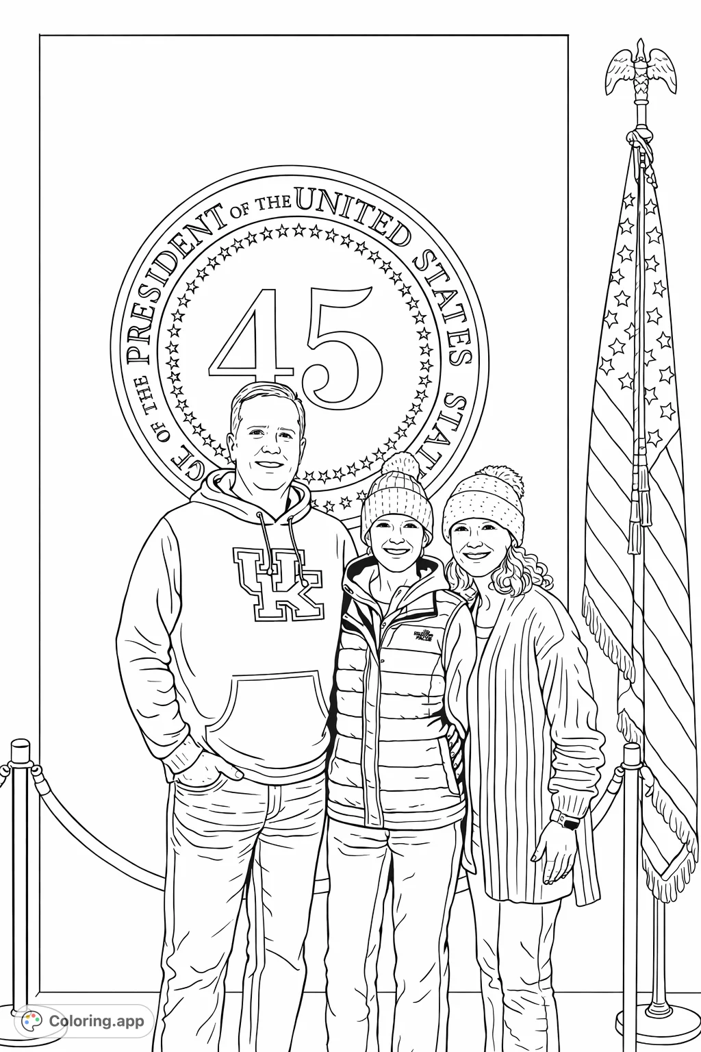 A family stands proudly before a presidential emblem, a flag, and formal decor. A unique civic-themed coloring page for all ages to enjoy.