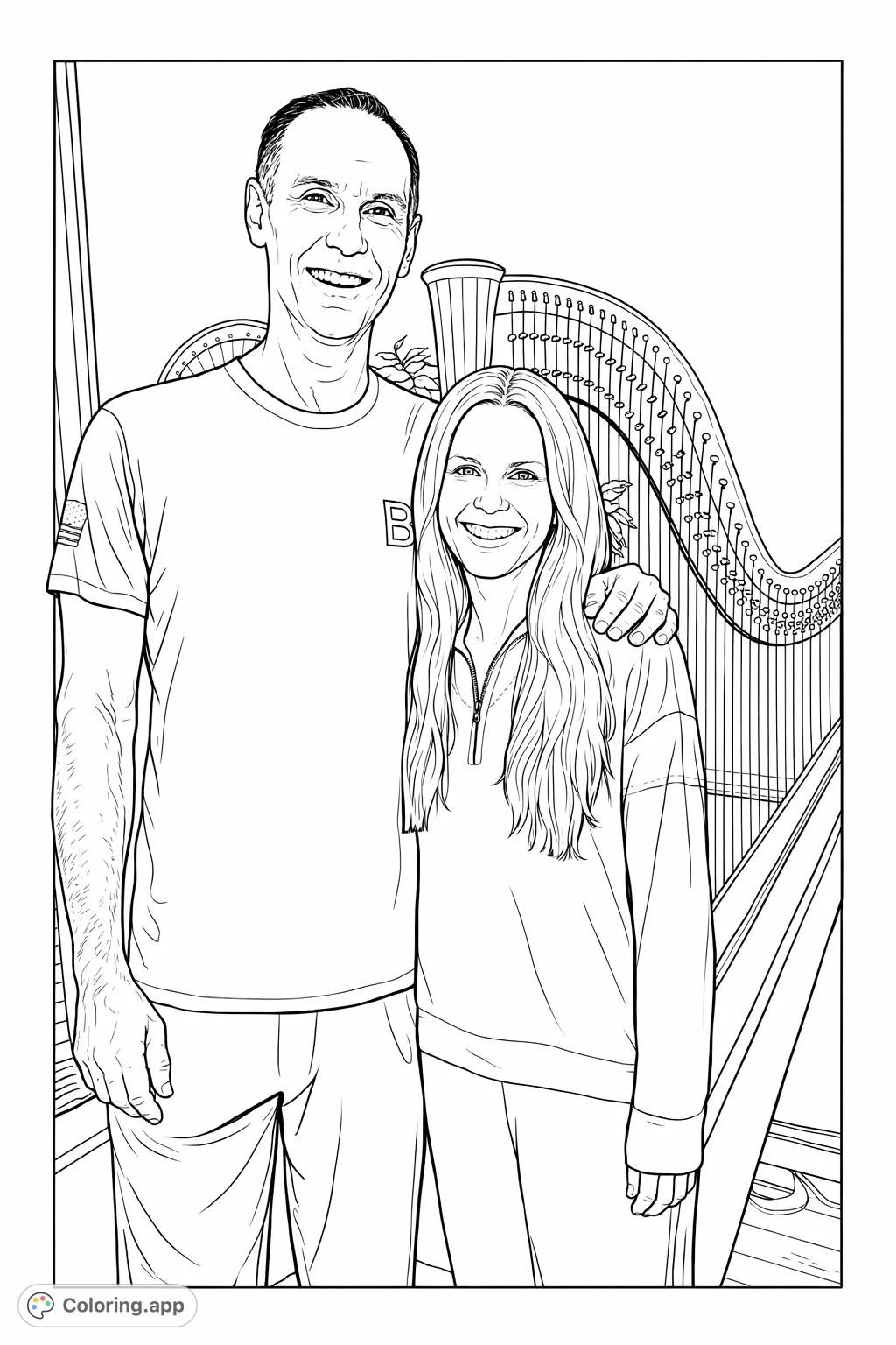 A cheerful couple stands beside a majestic harp, ready for your creative touch. Explore intricate details of the instrument and personalize their attire.