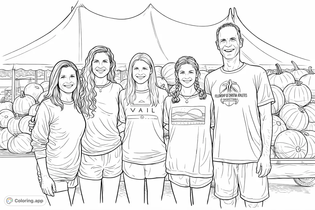 Capture the joy of autumn! This festive coloring page features a happy family among pumpkins and a large tent, perfect for celebrating harvest season.