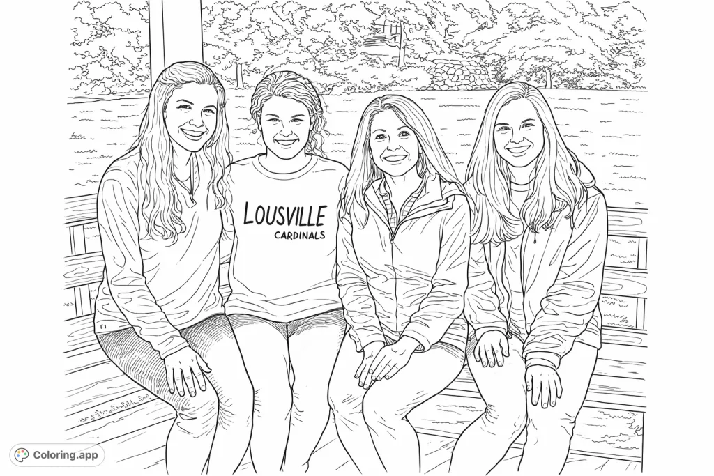 A cheerful group of four individuals smiles on a wooden park bench amidst a leafy outdoor setting. A relaxing and friendly scene ready for your creative touch.