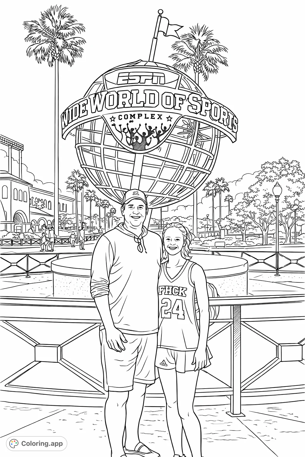 Capture a family memory at a grand sports complex. Features a father and daughter in front of an iconic globe, surrounded by palm trees and stadium architecture.