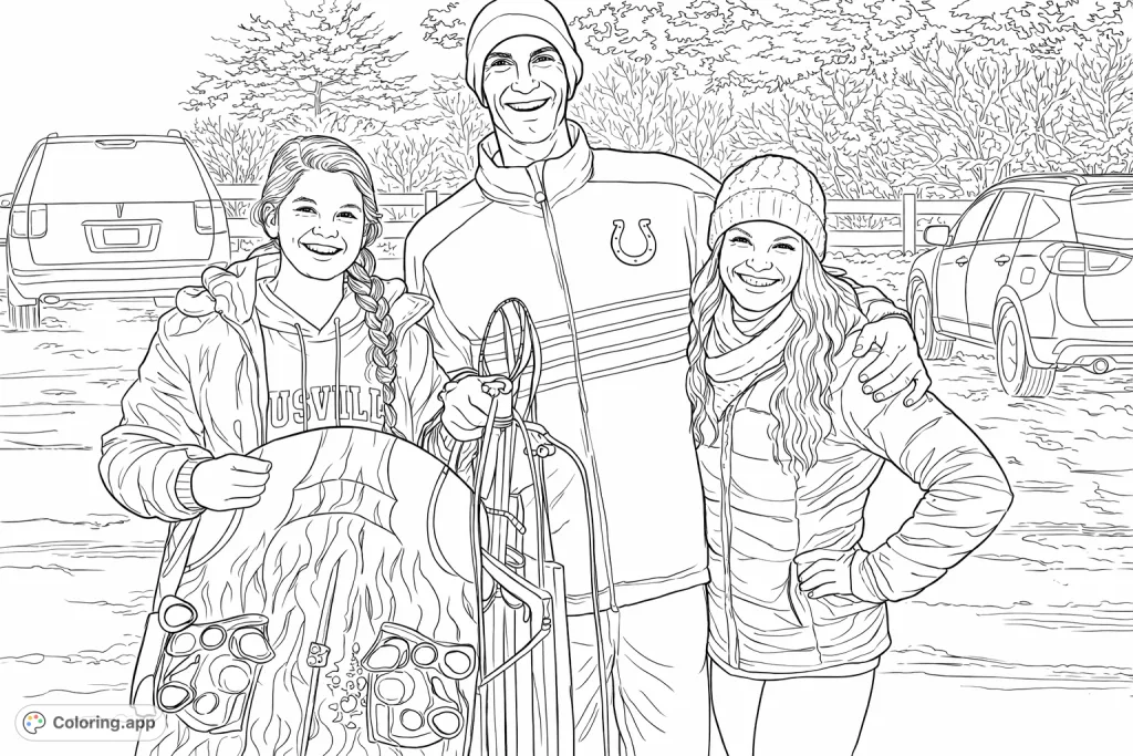 Three people pose happily in a snowy landscape with sleds, ready for winter fun! A delightful scene perfect for all ages.