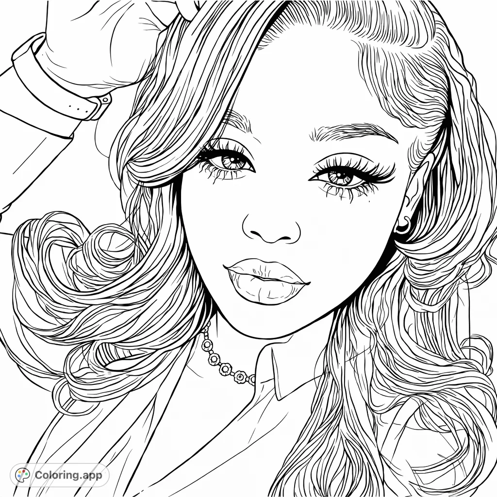A captivating portrait featuring a person with flowing, layered hair, delicate accessories, and a calm expression. Perfect for detailed coloring and self-expression.