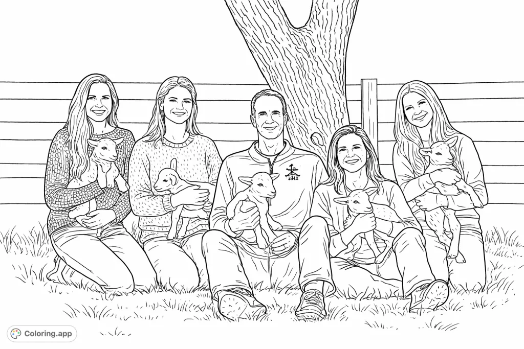 A heartwarming family scene with five smiling individuals lovingly holding fluffy lambs on a grassy farm. Perfect for animal lovers and peaceful coloring.