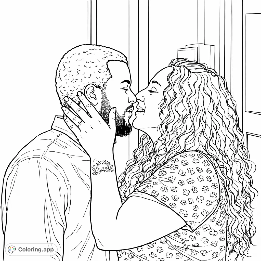 Capture a beautiful moment of connection. This romantic couple's embrace, featuring a patterned dress and detailed hand, offers a delightful coloring experience.