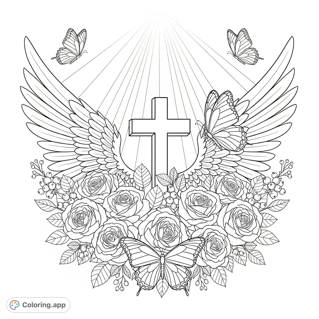 An intricate spiritual emblem featuring a prominent cross, majestic feathered angel wings, blooming roses, and graceful butterflies for a detailed coloring experience.