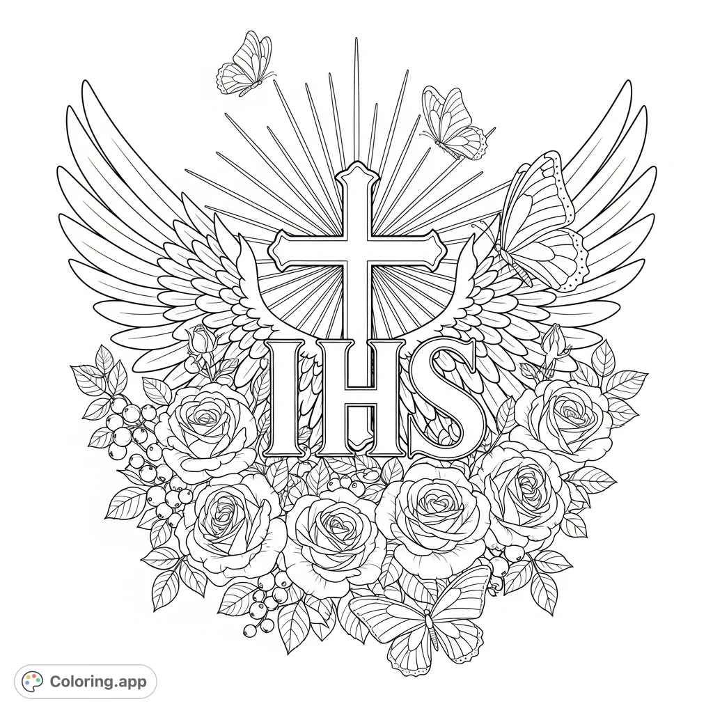 Discover a spiritual emblem coloring page featuring a prominent cross, majestic angel wings, 'IHS' letters, and a base of detailed roses and butterflies.