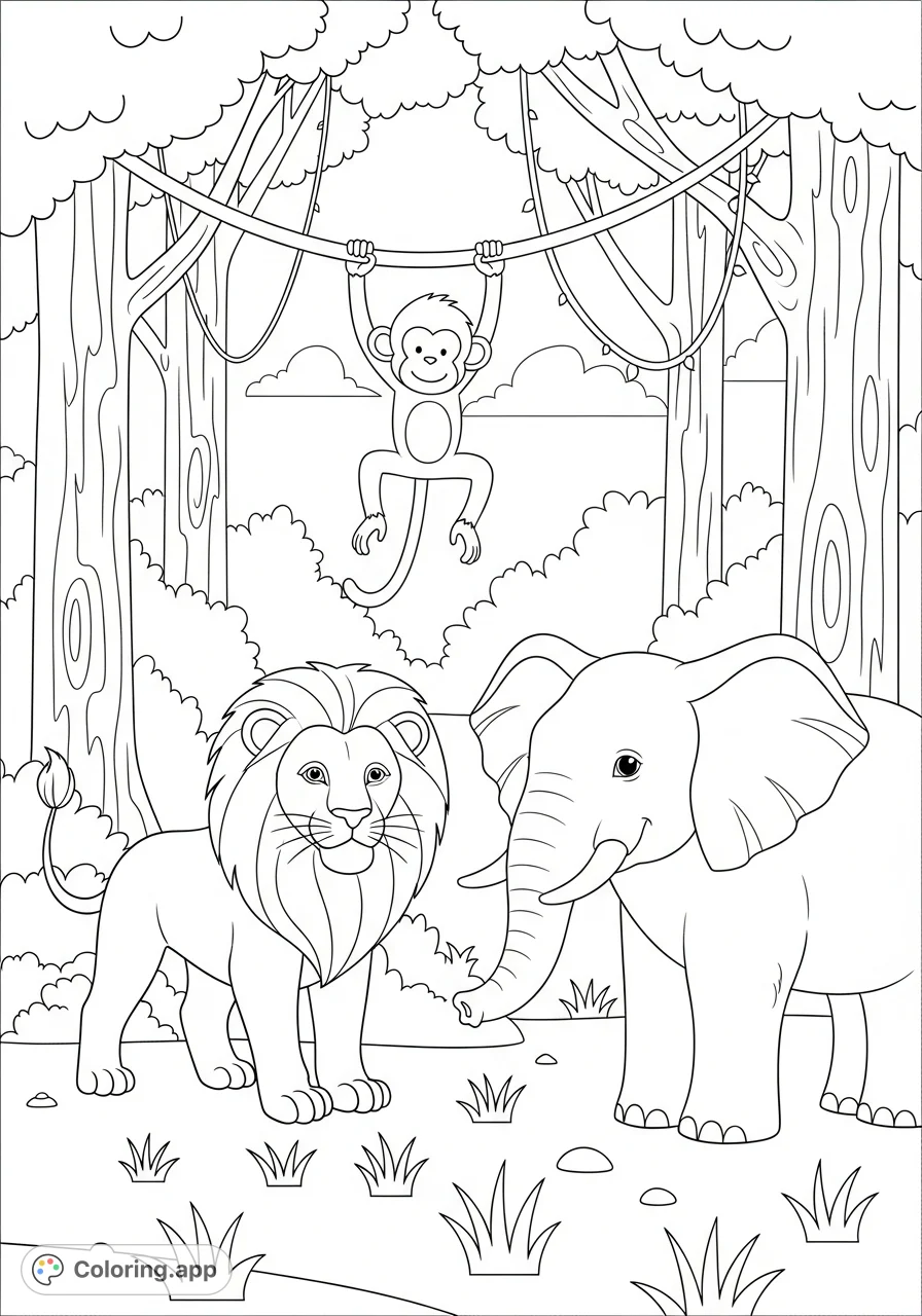 Explore a joyful jungle scene filled with smiling animals like a lion, monkey, and elephant, amidst lush foliage and towering trees. A delightful adventure awaits!