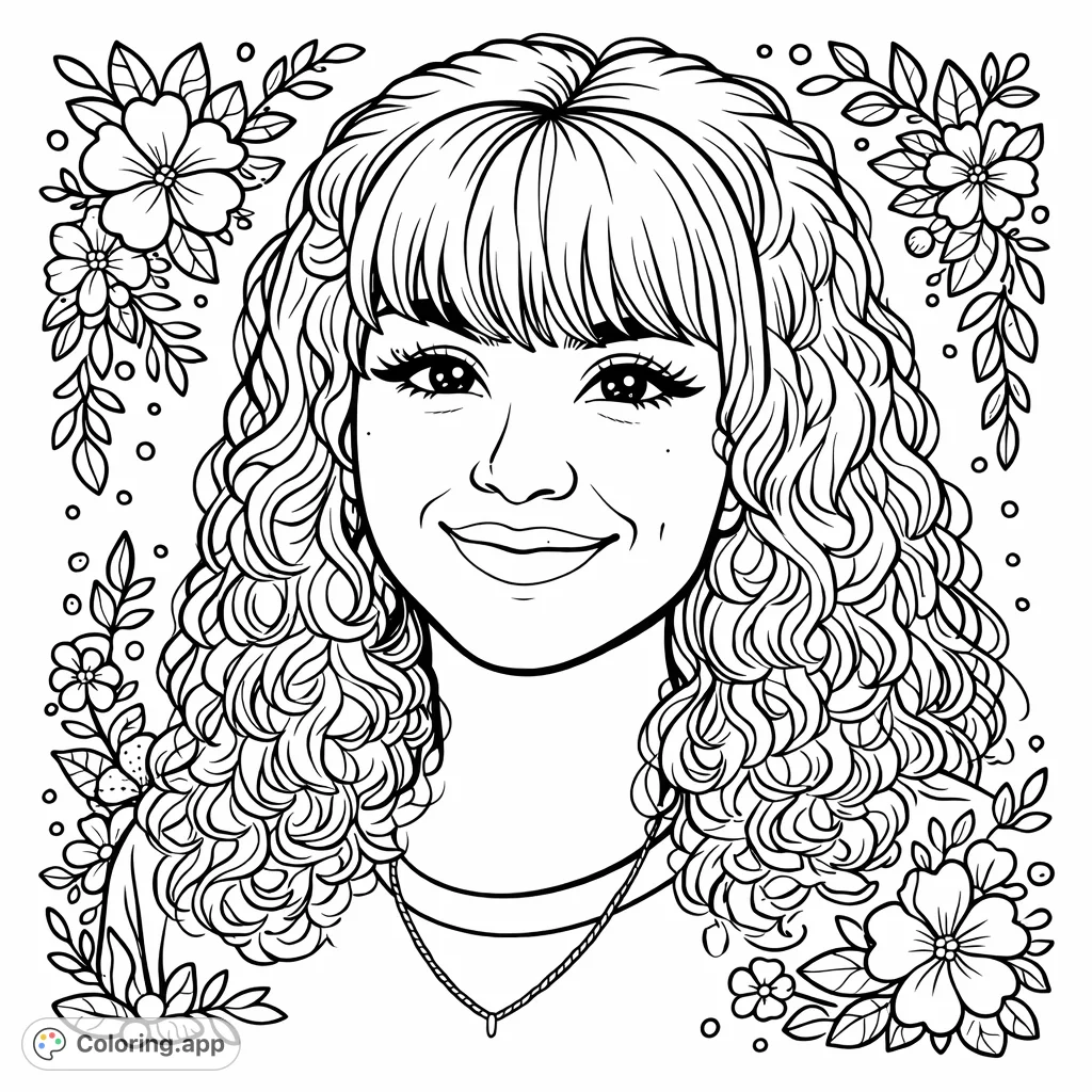 A charming portrait of a smiling woman in a cartoony style, featuring bold outlines and decorative floral elements. This free printable portrait coloring page is perfect for adults and teens.