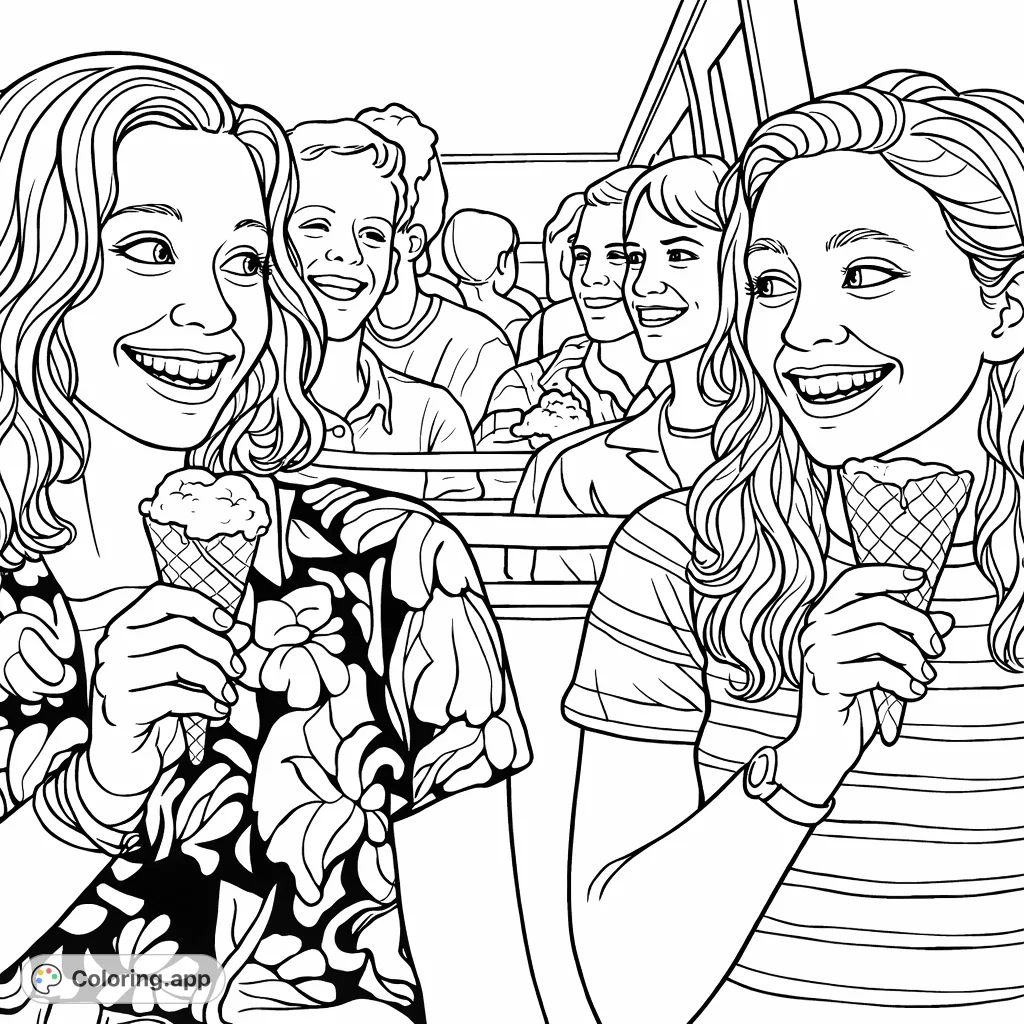 Capture the joy of friendship and sweet treats with this delightful ice cream coloring page. Two friends share smiles and scoops in a fun setting.