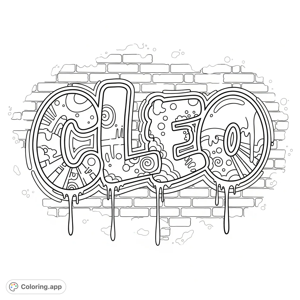A bold graffiti-style 'Cleo' name coloring page on a distressed brick wall, featuring intricate patterns, drips, and a captivating glow. Perfect for all ages.