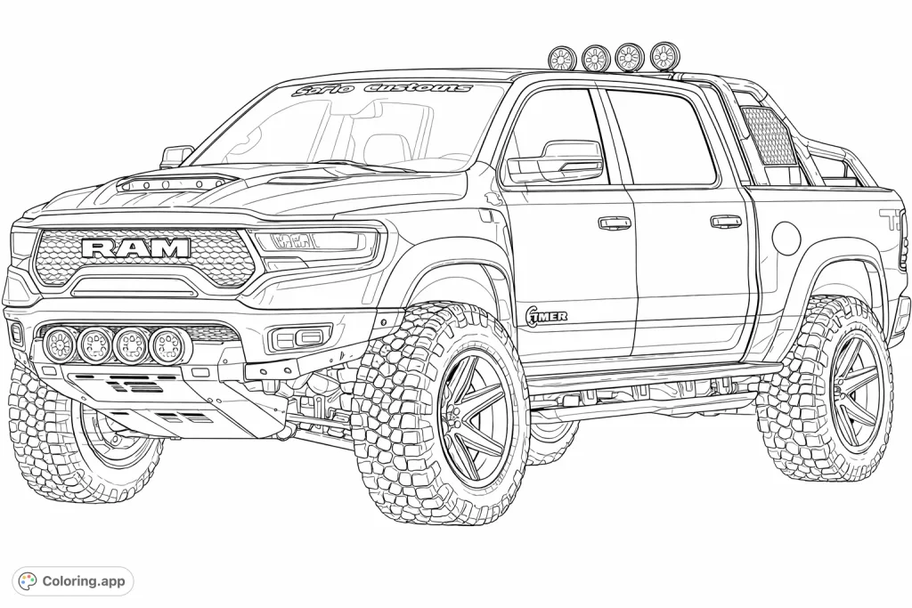 Dynamic off-road pickup truck with custom features, large tires, and auxiliary lighting, ready for adventure.