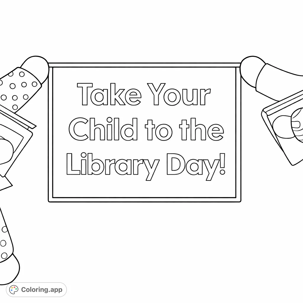 Celebrate reading with this 'Take Your Child to the Library Day' coloring page, featuring a cheerful sign surrounded by playful paper-cutout shapes.