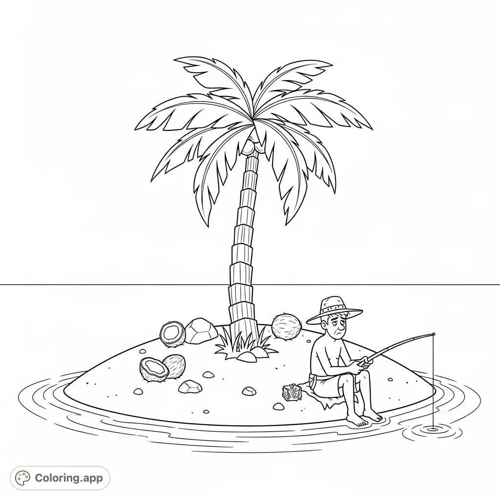 A classic scene featuring Johnny Castaway stranded on a tiny island with a single palm tree, surrounded by endless water, perfect for a relaxing coloring escape.