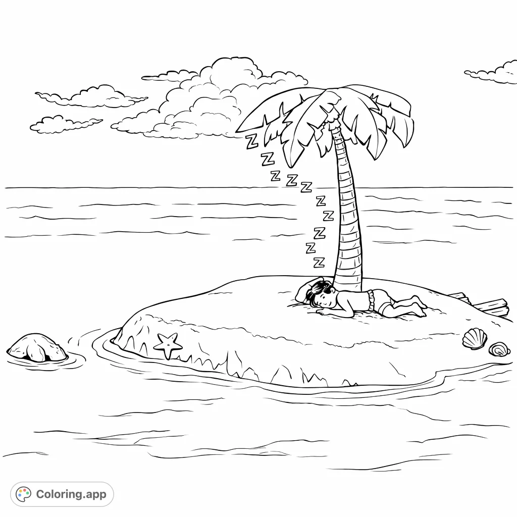 Escape to a tranquil island! A weary figure slumbers under a swaying palm tree, surrounded by ocean waves and seashells.