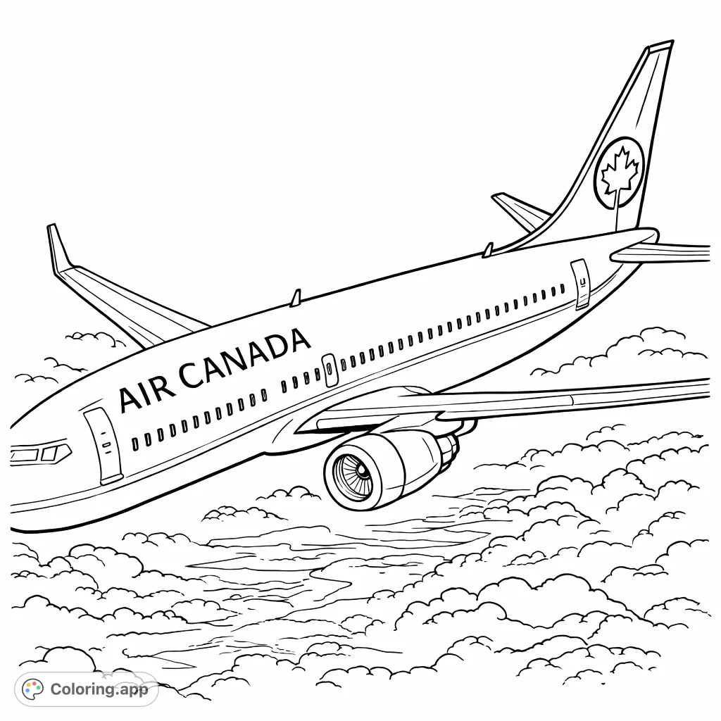 Embark on an aerial adventure! This aircraft coloring page features a sleek passenger jet flying amidst a dynamic sky filled with fluffy clouds, inviting creativity.