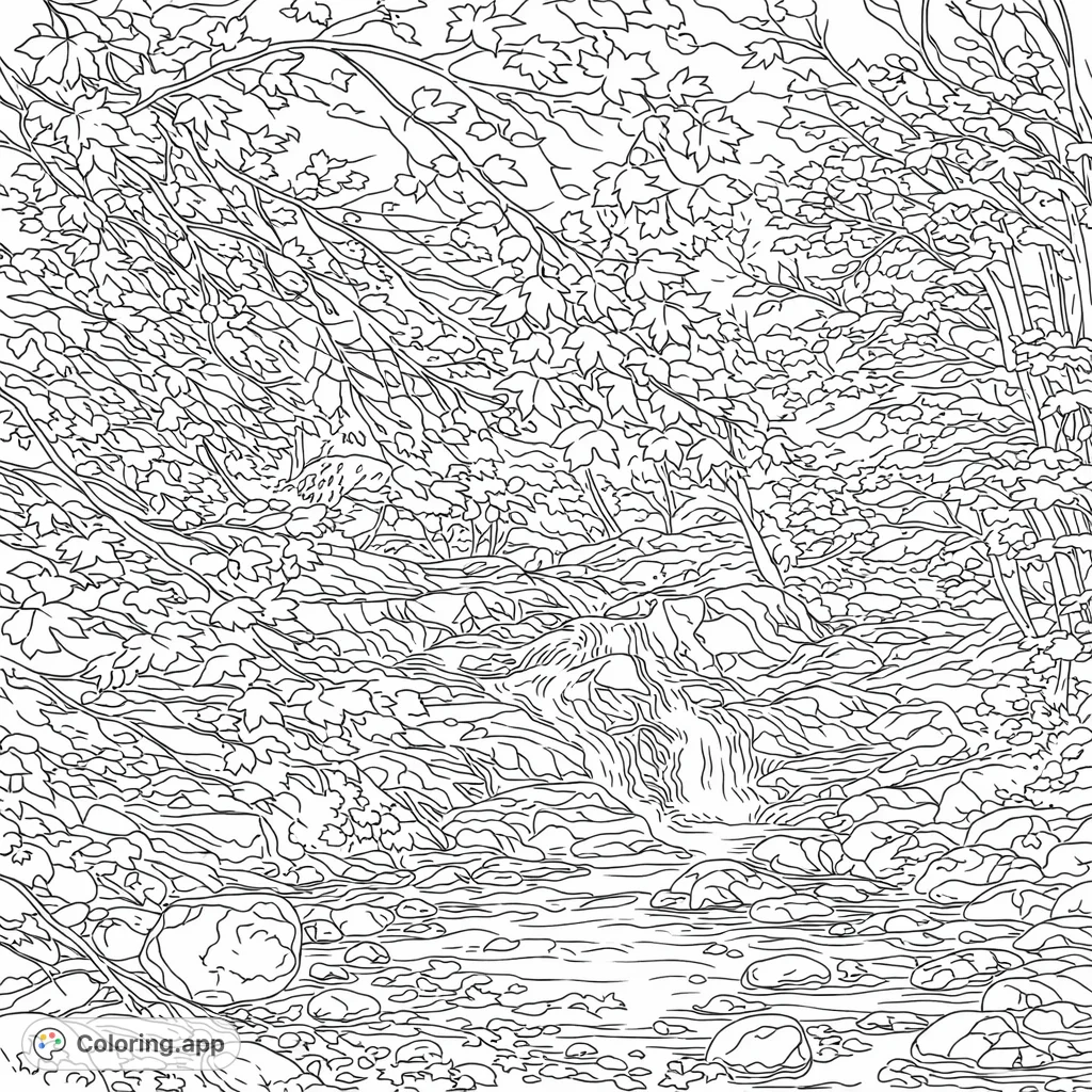 A scenic autumn forest with a multi-tiered waterfall cascading over rocks into a tranquil pool, surrounded by abundant foliage and scattered leaves.