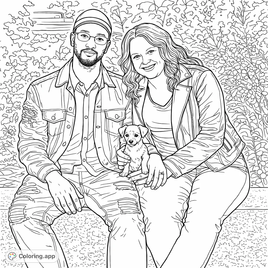 A heartwarming scene featuring a couple sitting on a stone ledge, lovingly holding a small puppy. Perfect for celebrating family bonds and pet love.