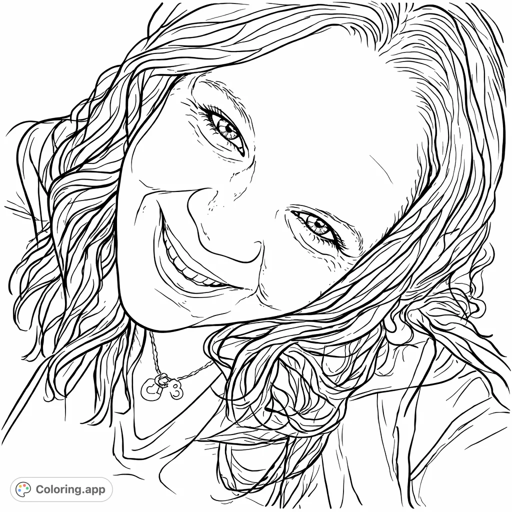 A delightful portrait coloring page featuring a smiling woman with flowing hair and a charming expression, inviting you to add vibrant life to her features.