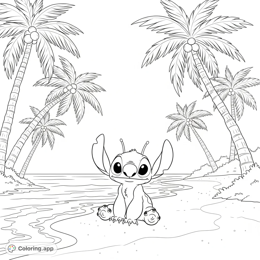 A delightful Stitch coloring page featuring the beloved alien relaxing on a tropical beach, surrounded by swaying palm trees and gentle waves. Perfect for fans!