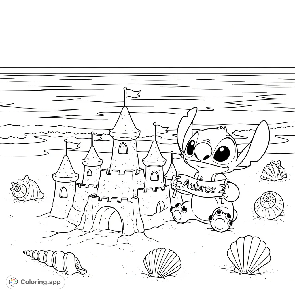 A charming Stitch beach scene featuring Stitch proudly sitting next to his decorated sandcastle, surrounded by seashells, and holding a name banner. Perfect for kids!