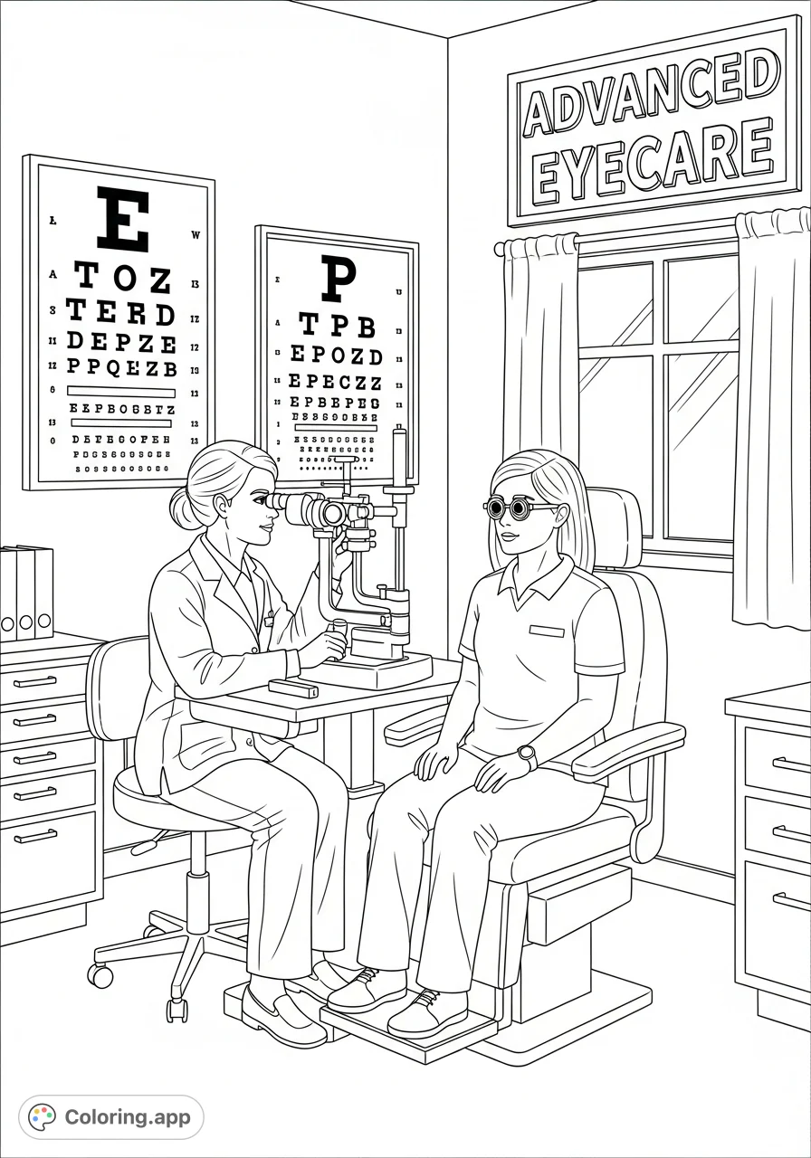 An eye doctor checks a patient's eyes in a detailed exam room, featuring a phoropter, eye chart, and an 'Advanced Eyecare' sign. Perfect for kids!