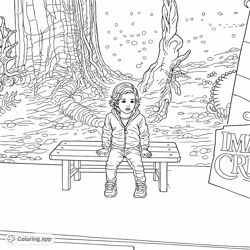 Color a young child sitting on a park bench surrounded by textured trees and a whimsical rabbit figure. Perfect for imaginative minds.