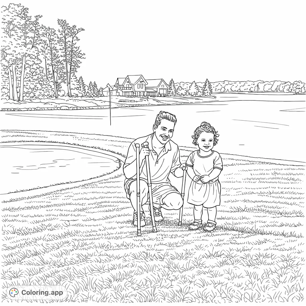 A delightful golf outing coloring page featuring a woman and a child with golf clubs on a scenic course, complete with a sand trap, flagstick, and distant homes.