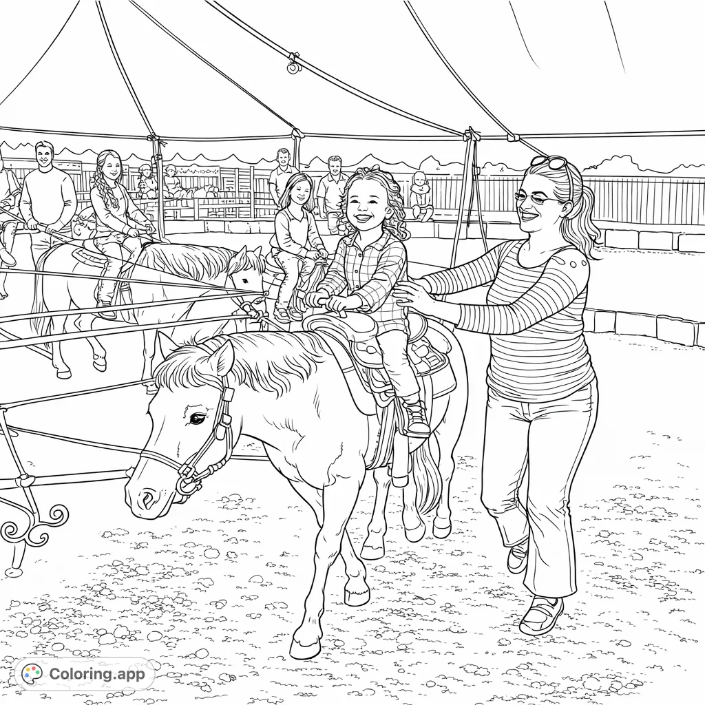 A delightful pony ride scene with a smiling child and a supportive adult. Features other riders and a fairground setting under a big tent.