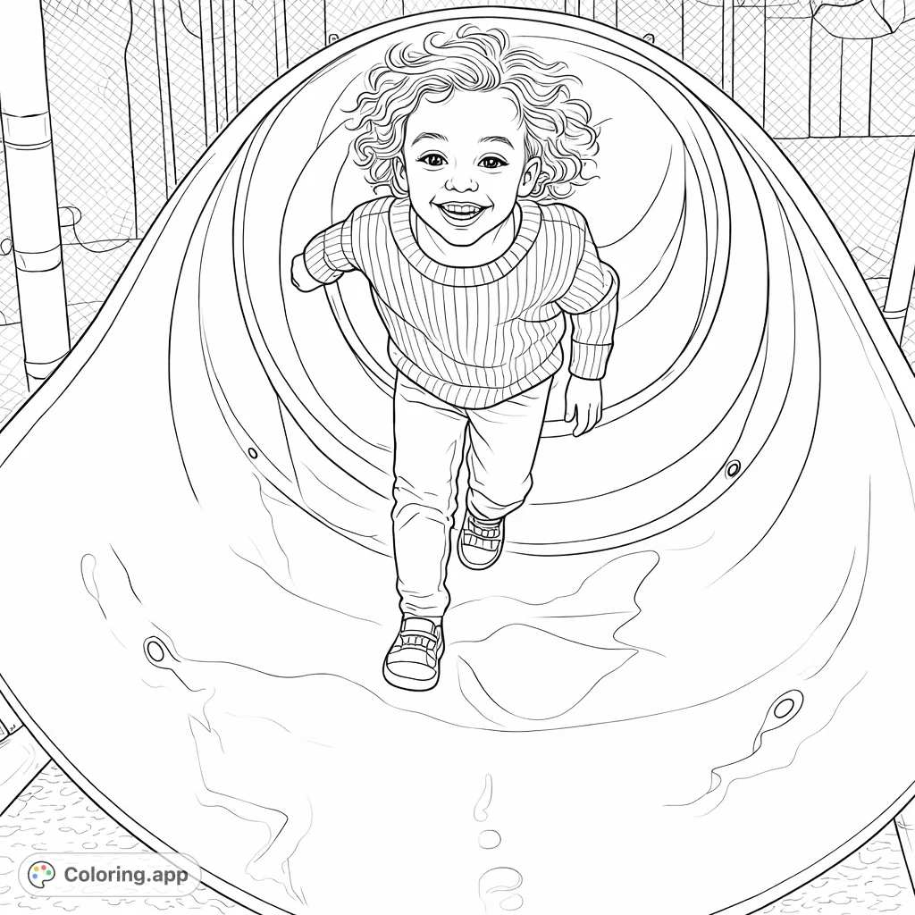 A cheerful child emerges from a playground slide, smiling broadly. Perfect for capturing playful moments and active fun.