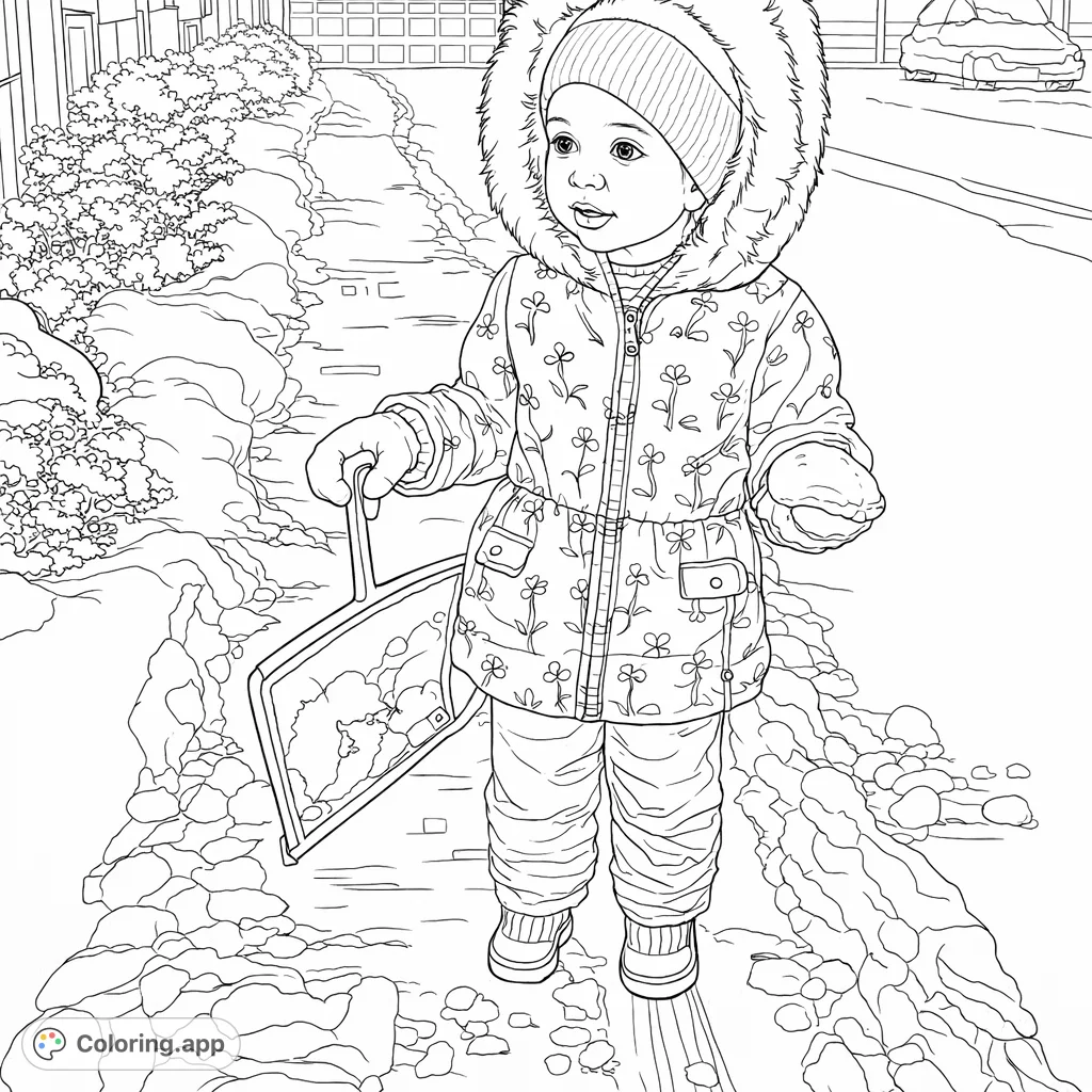 A charming winter scene featuring a bundled-up child with a shovel on a snowy path. Perfect for a cozy, imaginative coloring adventure!