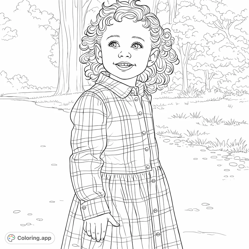 A delightful coloring page featuring a smiling child with curly hair and a plaid dress, standing in a serene natural setting among trees and foliage.