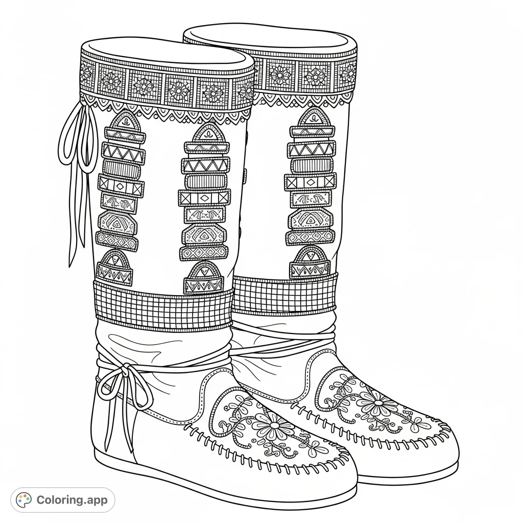 Discover this free printable moccasin boot coloring page featuring intricate beadwork, geometric patterns, and floral designs. Perfect for cultural art enthusiasts!