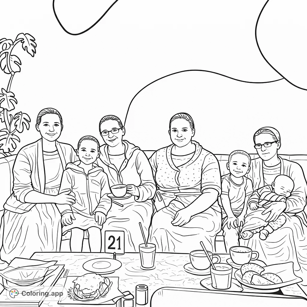 A heartwarming scene of a family and friends gathered at a cafe, enjoying drinks and pastries. Perfect for a relaxing coloring experience.